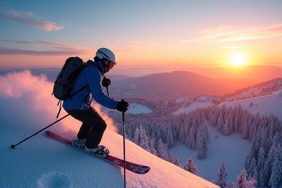 Skier on a mountain overlooking a vast winter landscape