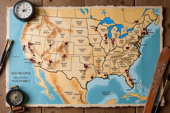 Vintage map of U.S. ski resorts with a compass