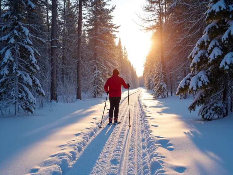 Cross-country skier moving gracefully through a snow-covered forest trail