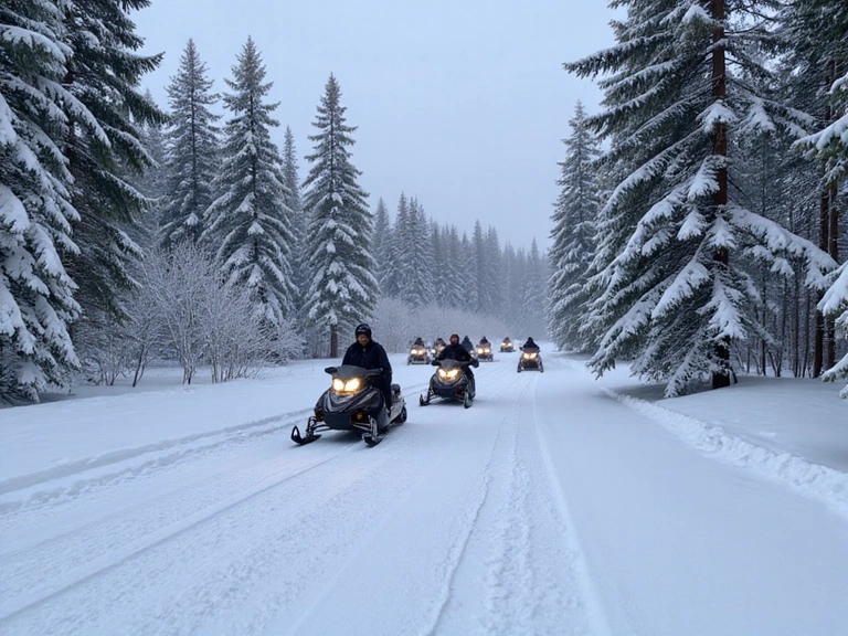 Group of snowmobiles on a winding snowy trail through a forest
