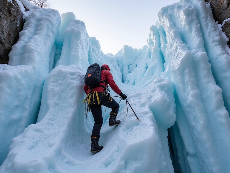 Ice climber ascending a massive frozen waterfall with ice axes and ropes