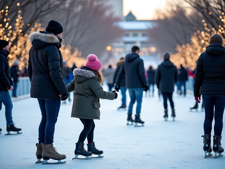 People ice skating on a vibrant outdoor rink, surrounded by festive lights