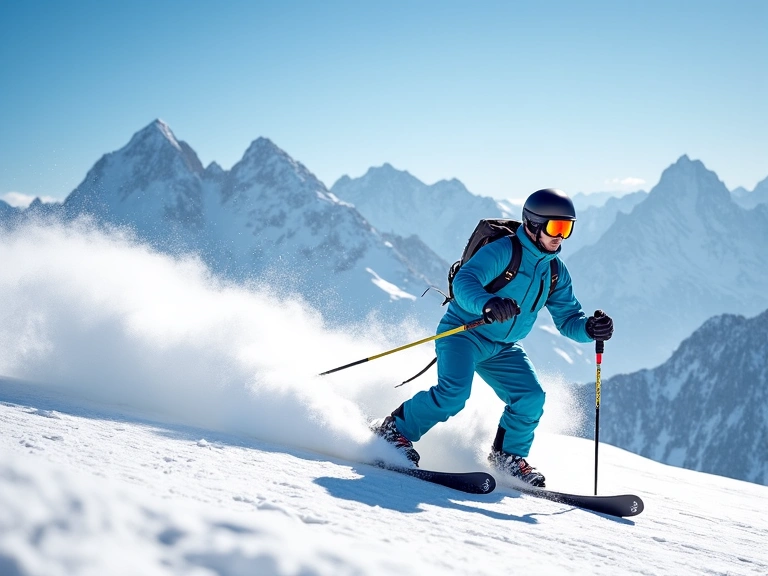 Skier on a snowy mountain with fresh powder, carving a turn under a clear blue sky