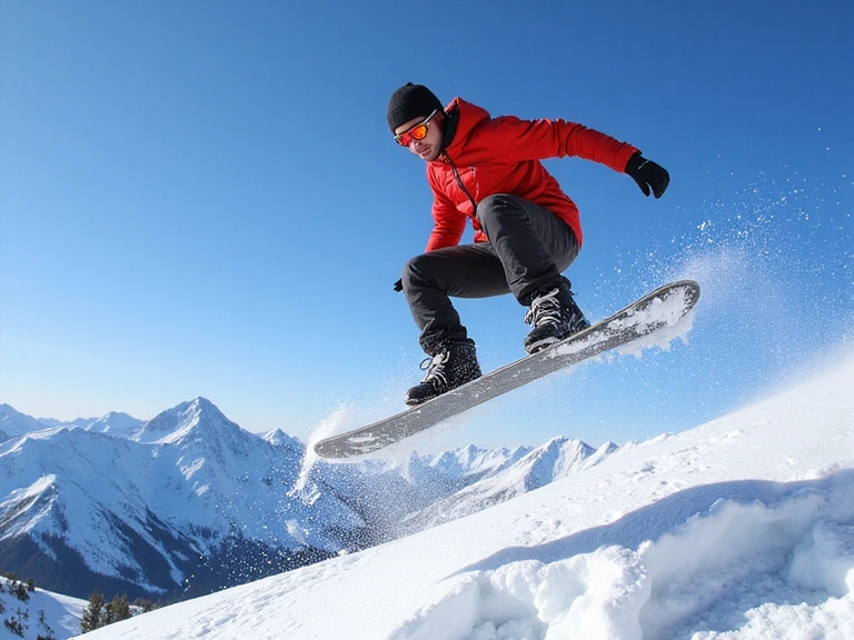 Snowboarder mid-air performing a trick against a snowy mountain backdrop