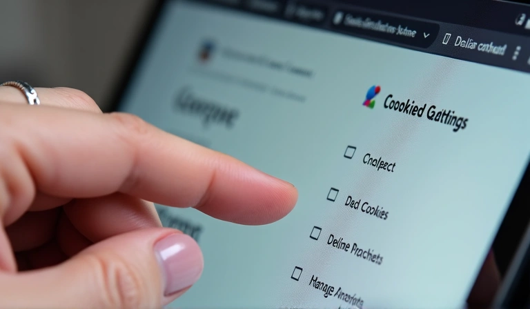A person's hand interacting with a web browser's cookie settings, showing options to accept, decline, or manage cookies.