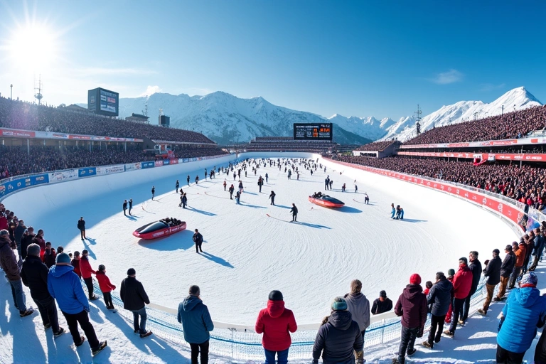 Athletes competing in multiple winter sports events simultaneously, vibrant and energetic
