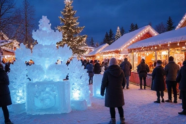 Image of a lively winter festival with ice sculptures and people enjoying themselves