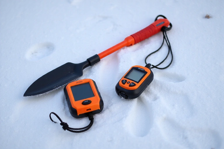 Avalanche safety equipment including beacon, shovel, and probe