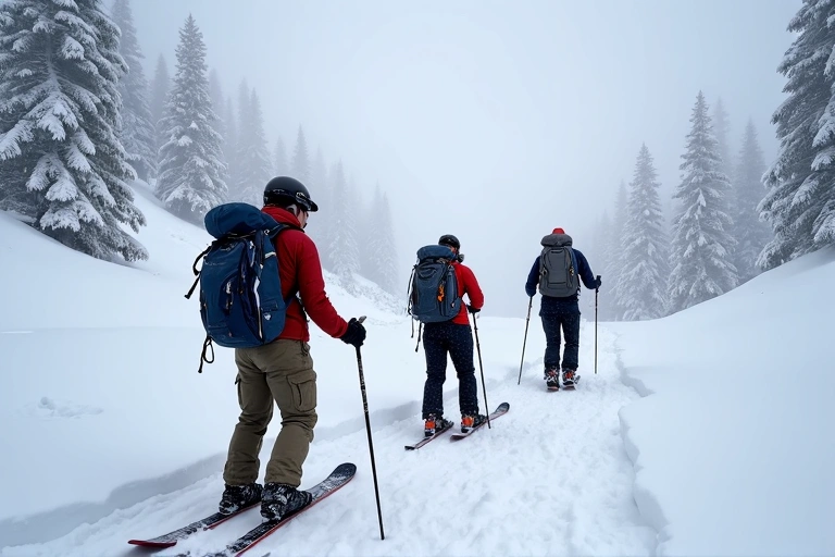 Backcountry skiers assessing snowpack in a snowy mountain environment