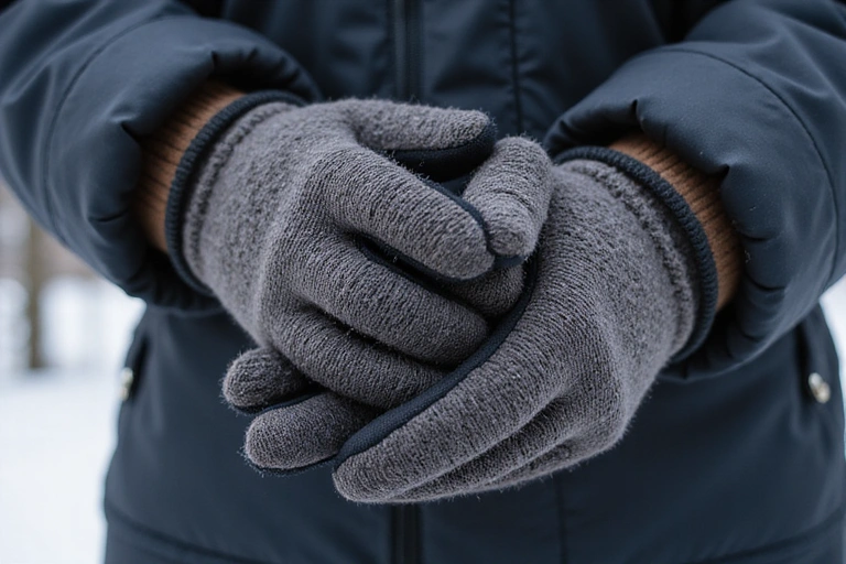 Close-up of waterproof winter gloves and a warm beanie