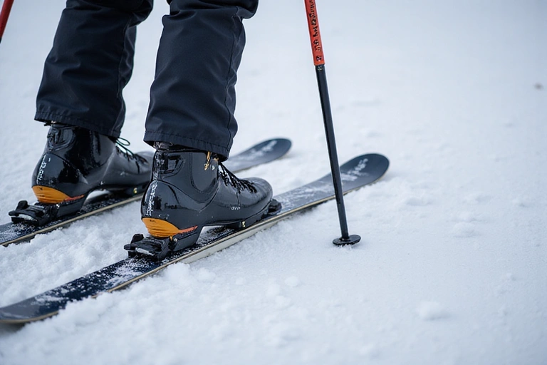 Close-up of modern alpine skis and bindings on snow