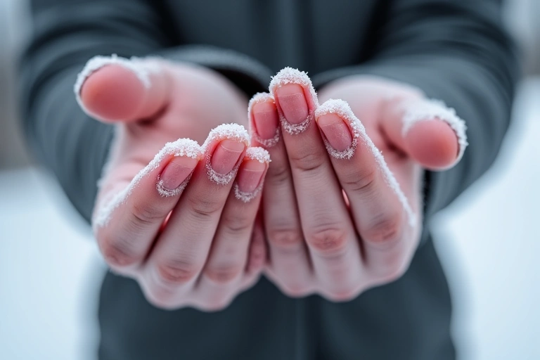 Close-up of frostbite on fingers, showing early warning signs (conceptual image)