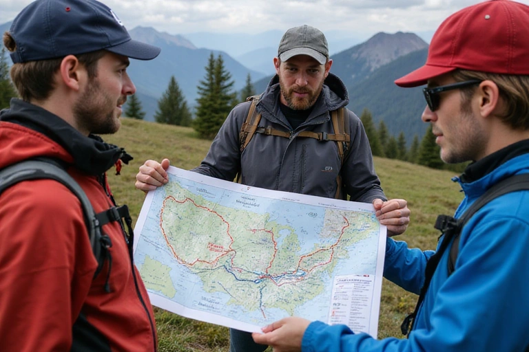 Group of backcountry enthusiasts planning a route on a map