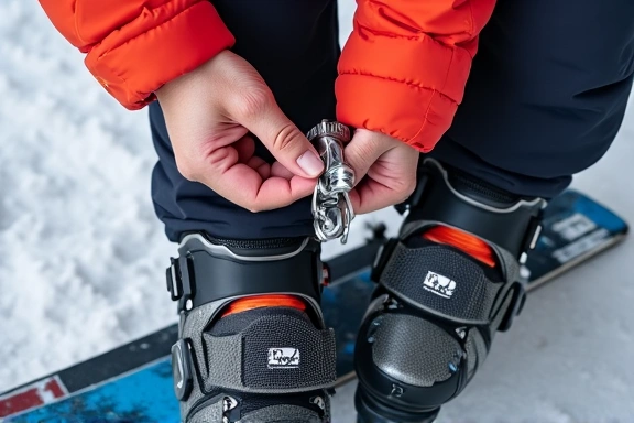 Hand checking ski bindings and boots, representing pre-season gear checks