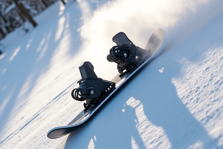 Modern snowboard with bindings on a snowy slope