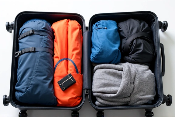 Open suitcase with neatly packed winter sports clothing and accessories