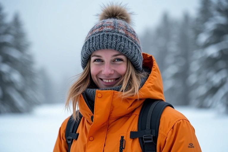 Person bundled in warm winter clothing in a snowy environment, looking comfortable