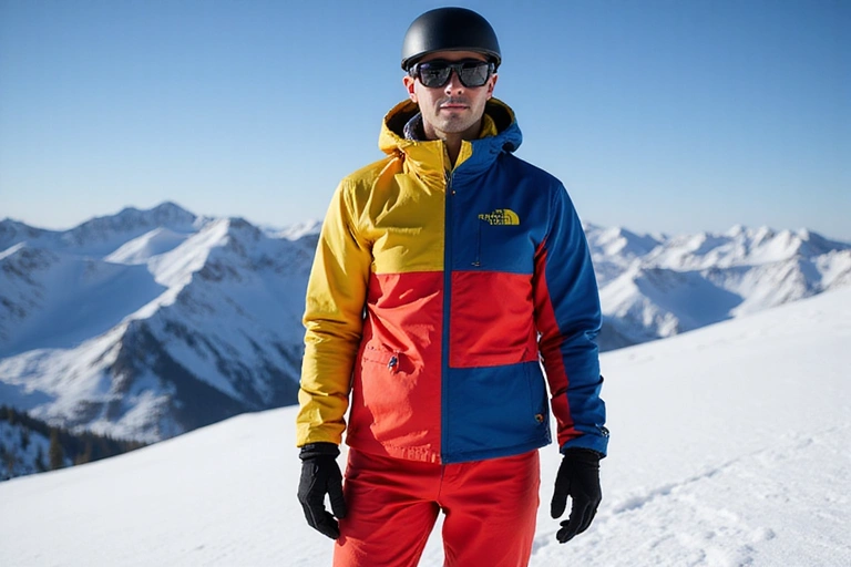 Person dressed in multiple layers of winter sports apparel