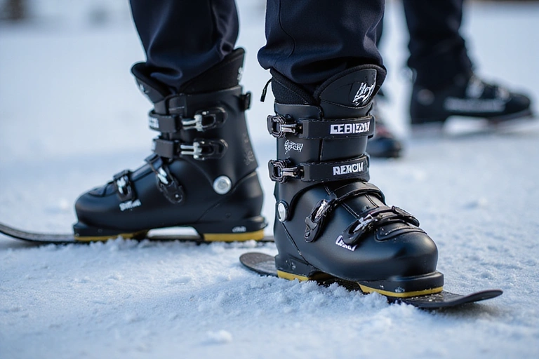 Ski boots and bindings close-up
