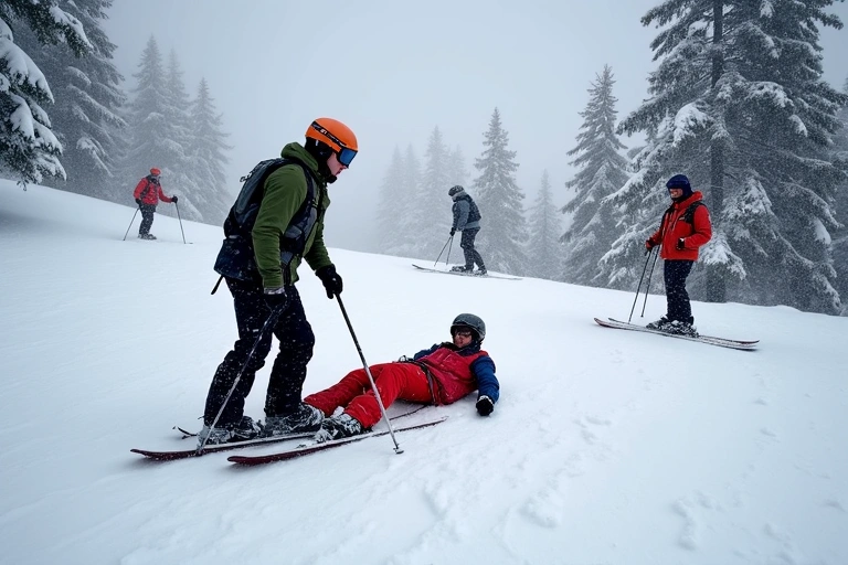 Ski patrol helping a fallen skier, emphasizing awareness