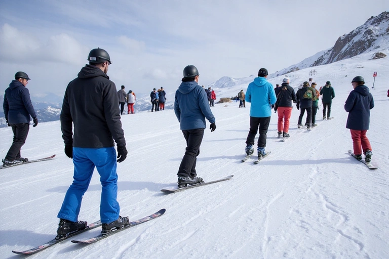 Skiers and snowboarders observing safety rules on a busy but safe slope