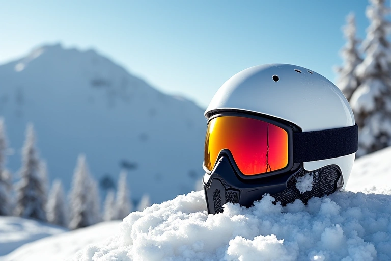 Snow sports helmet and goggles on a snowy background
