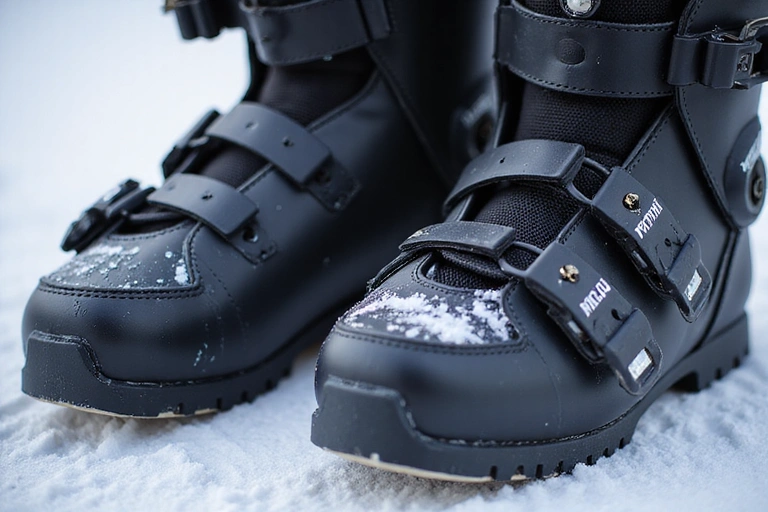 Snowboard boots and bindings close-up