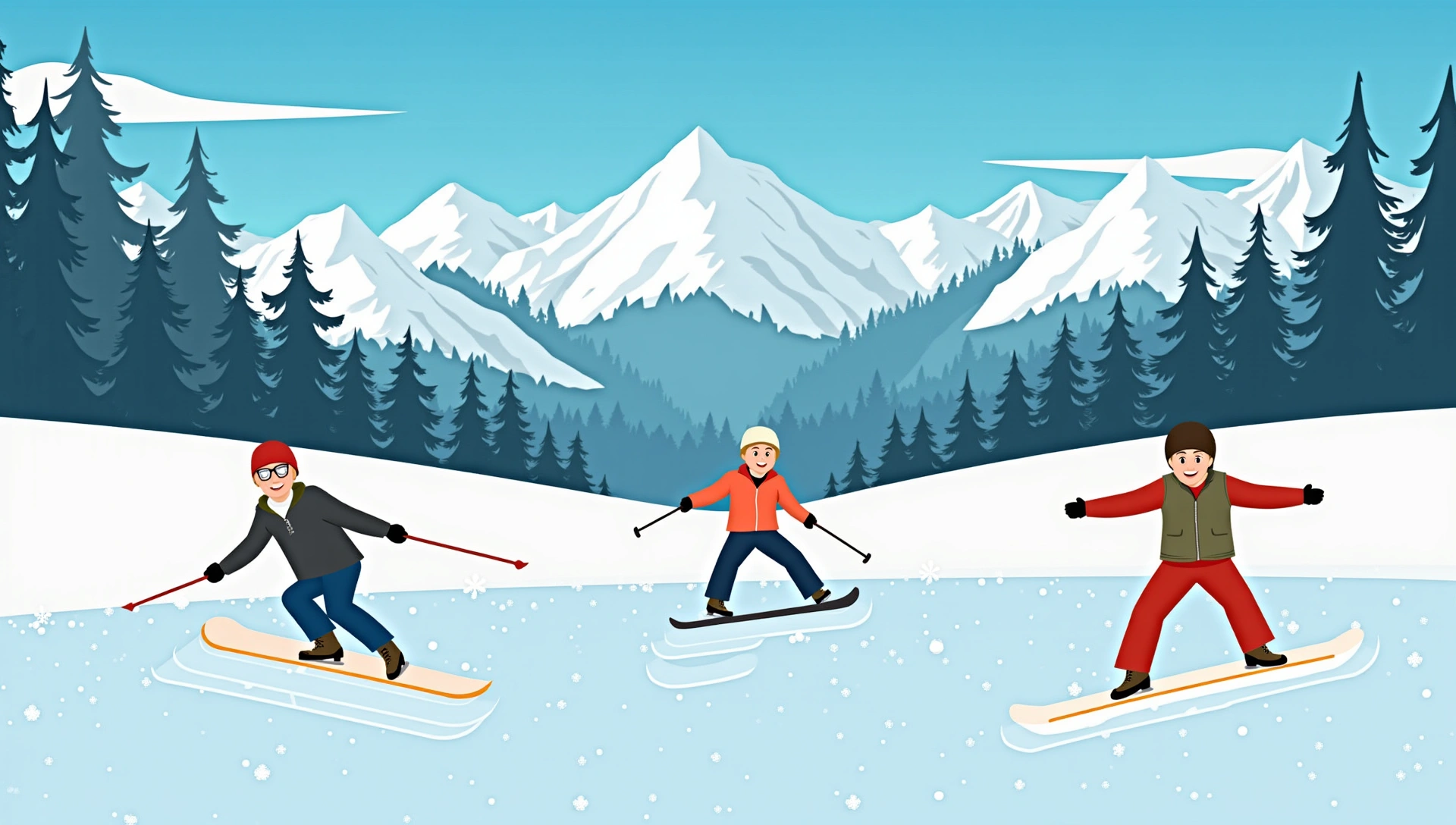 Dynamic winter sports scene with skiers and snowboarders on a snowy mountain