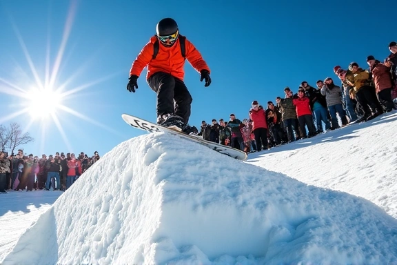 Image of a snowboard competition jump with an athlete mid-air