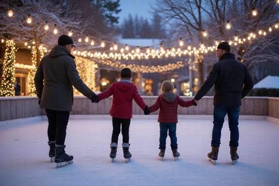 Image of a family ice skating on an outdoor rink