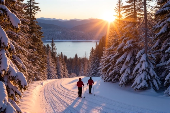 Lake Placid, New York with cross-country skiers and frozen lake