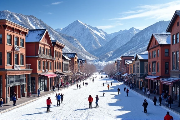 Park City, Utah with vibrant ski town and snow-covered mountains