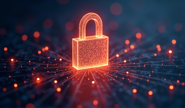 A secure digital lock icon with data flowing around it, symbolizing data protection and privacy.