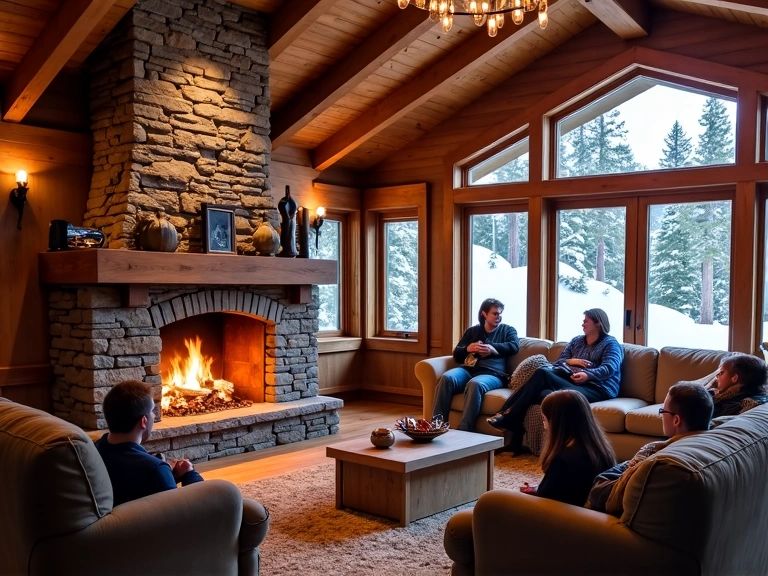 Cozy ski lodge interior with fireplace