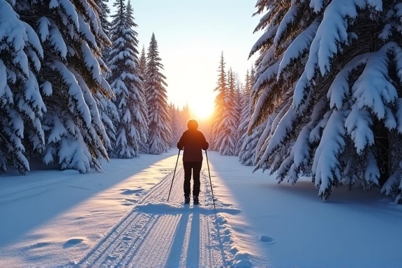 Cross-country skier on a snowy trail