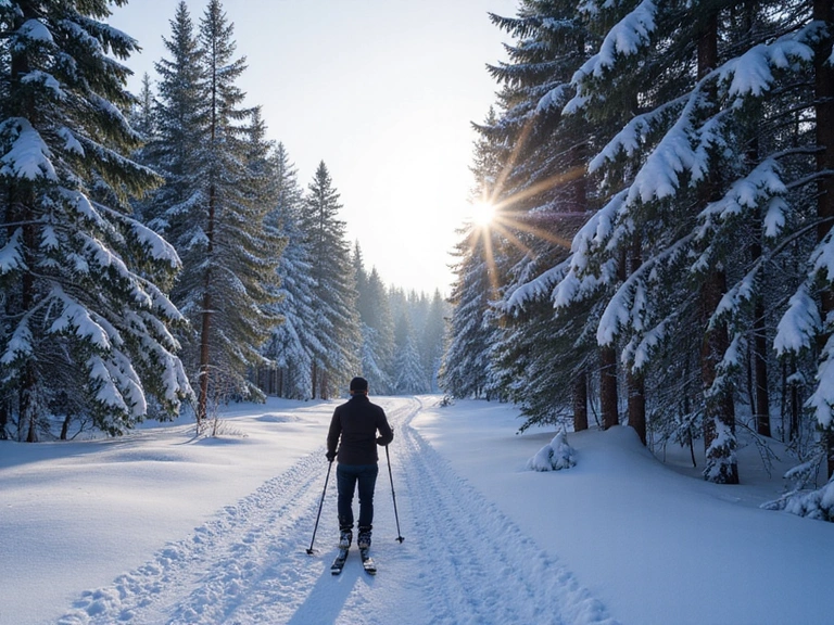 Cross-country skier on a peaceful forest trail
