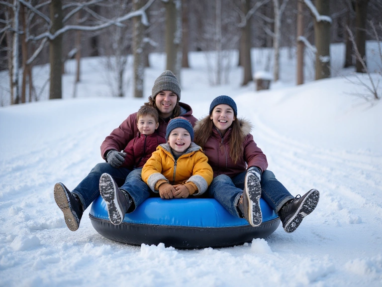 Family enjoying tubing down a snow hill