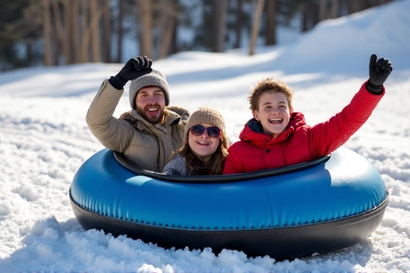 Family tubing down a snow hill