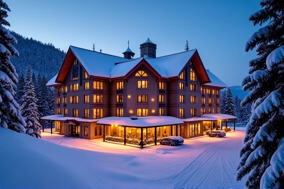 Luxury ski resort hotel exterior at night