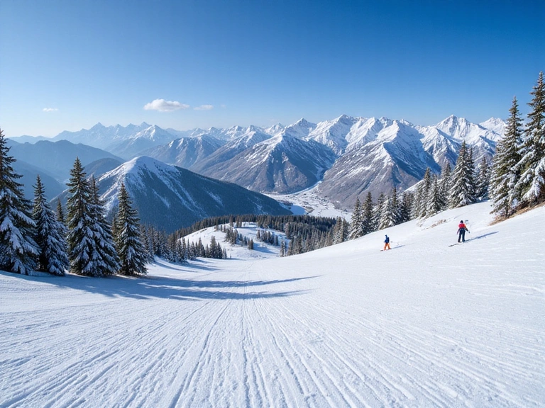 Panoramic view of Grand Summit Peaks with skiers