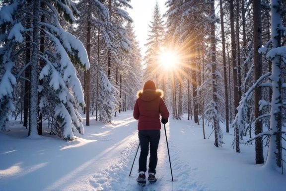Person snowshoeing in a quiet forest