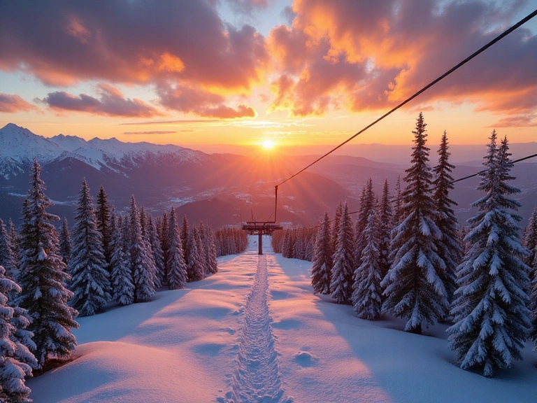 Scenic view from a chairlift at sunset
