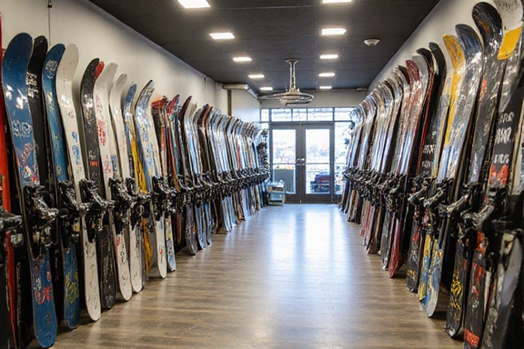 Ski and snowboard rental shop interior