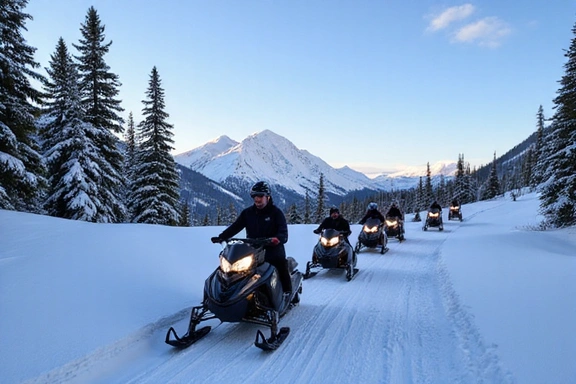Snowmobilers on a mountain trail