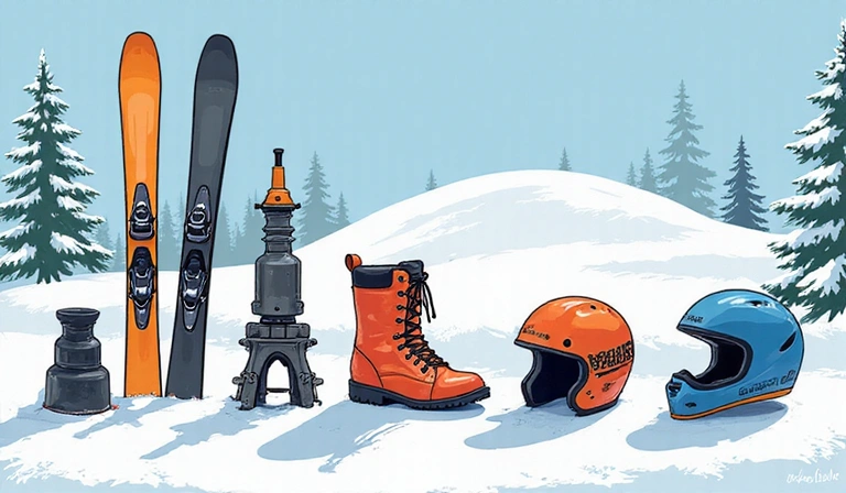 Detailed graphic illustration showcasing various winter sports equipment like skis, snowboards, boots, and helmets, arranged aesthetically on a snowy background, representing intellectual property and brand value.